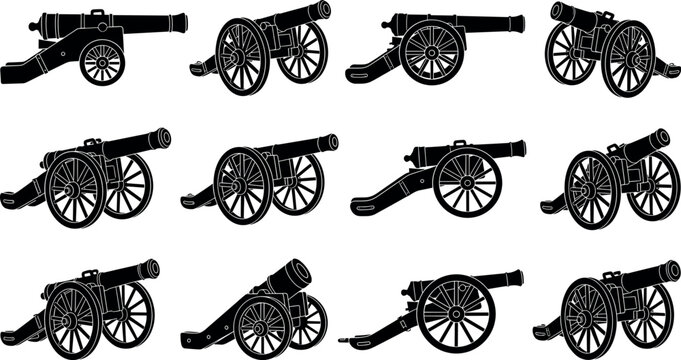 Vintage military cannon silhouettes collection antique artillery and medieval siege weapons icons set for historical war gaming assets on white background