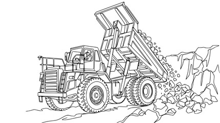 Heavy-duty mining dump truck unloading rocks at quarry site, black and white line drawing. © Tani