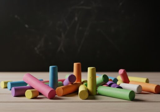 Colorful chalks on wooden surface with black chalkboard background, vibrant chalk sticks for drawing, school classroom education, and creative art concept template