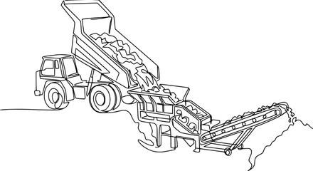 Fototapeta premium Construction Dump Truck Unloading Aggregate onto Conveyor Belt System