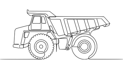 Continuous line drawing of a heavy-duty mining dump truck, industrial vehicle illustration. © Tani