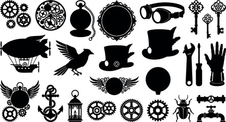 Vintage steampunk silhouette icons set featuring industrial gears airship blimp top hats aviator goggles and ornate skeleton keys design elements © MstAduri
