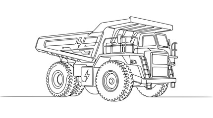 Electric mining dump truck line art illustration, futuristic heavy vehicle. © Tani