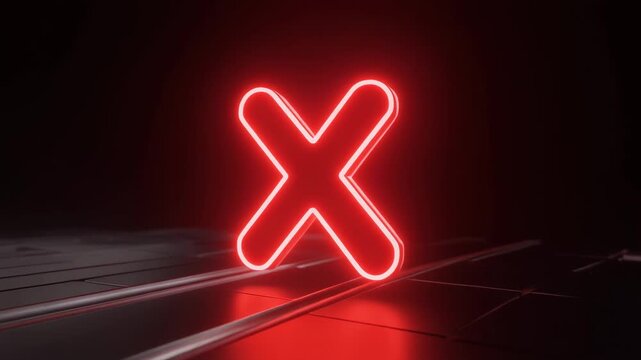 3D animated neon red X icon &mdash; glowing cross mark symbolizing error or cancel, luminous vibra