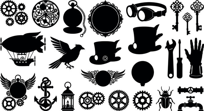 Vintage steampunk silhouette icons set featuring industrial gears airship blimp top hats aviator goggles and ornate skeleton keys design elements