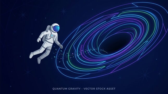 Neon line astronaut floating toward glowing wormhole black hole vortex in deep starry space, futuristic sci-fi vector concept illustration, cosmic time travel, galaxy exploration, and cyber space tech