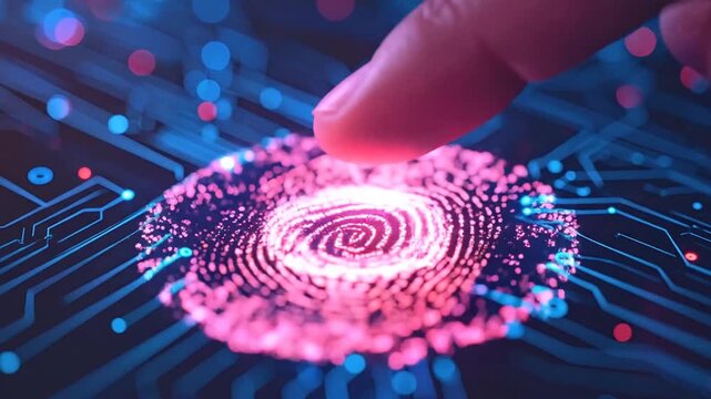 A human finger touches a glowing digital biometric fingerprint scanner