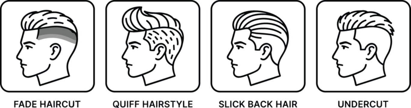 Men Haircut Icon Set Featuring Fade Quiff Slick Back and Undercut Hairstyles Line Art Vector Graphics for Barbershop Signage and Salon Branding