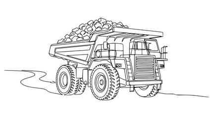Heavy Duty Mining Dump Truck Loaded With Rocks, Line Art Illustration © Tani