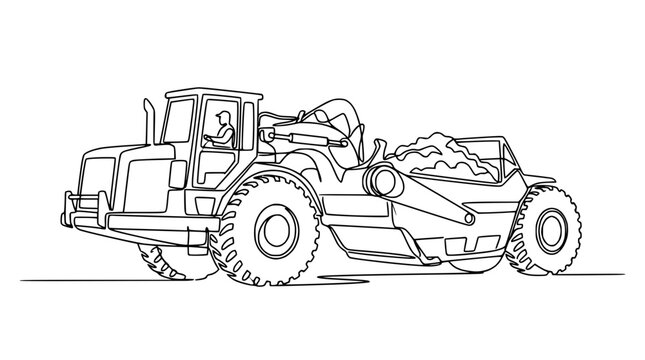 Continuous Line Drawing of a Wheel Tractor-Scraper Loading Soil