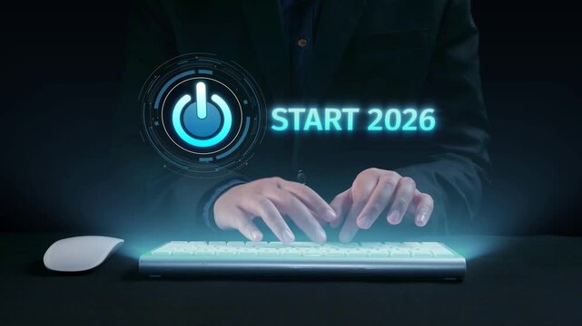Start 2025 concept with futuristic power button symbolizing fresh beginnings, innovation, and digital transformation. Start 2025, new goals, and start 2025 initiative. Elide