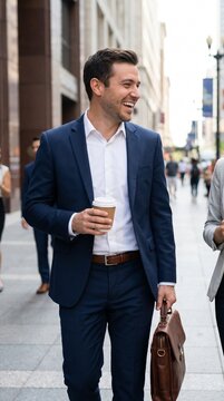 Handsome Caucasian businessman in navy blue suit walking on city street holding coffee cup and leather briefcase, smiling executive commuting in urban business district, professional lifestyle