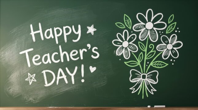 Happy Teacher's Day green chalkboard with white chalk text lettering and hand drawn flower bouquet bouquet for classroom school celebration background
