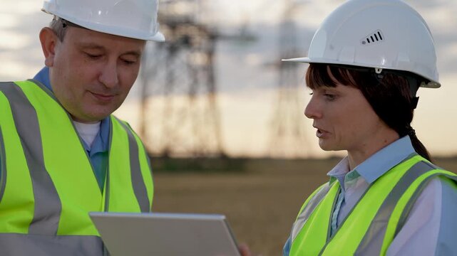 Two inspectors reviewing site, High-voltage environment, Protective measures in place, Field consultation on energy, Utility staff visible, Discussing infrastructure status, Checking transmission