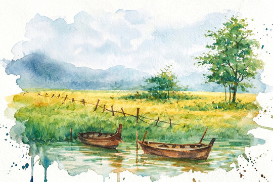 Beautiful watercolor painting of rural landscape background with wooden boats on river and golden meadow for commercial creative graphic illustration design