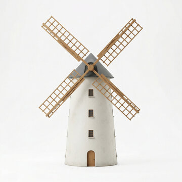 Decorative windmill model with wooden blades against a white background  