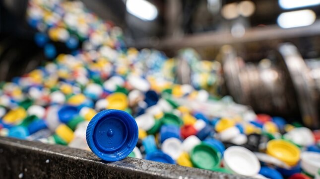 Many colorful plastic bottle caps moving on a conveyor belt at a recycling plant