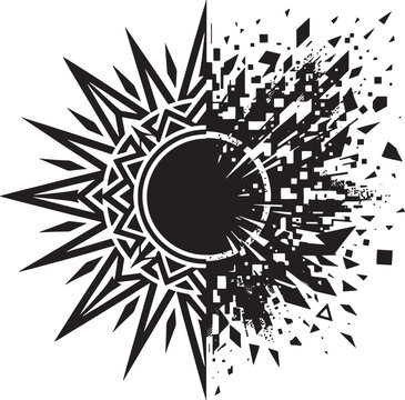 Black and white sun symbol with one side featuring sharp geometric tribal rays and the other side exploding into small square pixel fragments