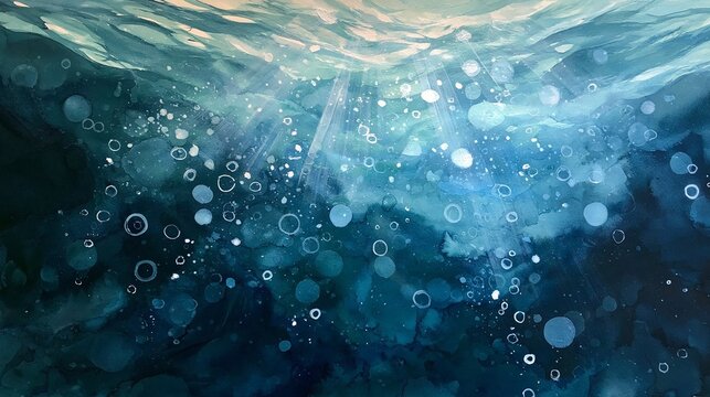 Moody and clean deep water abstract illustration featuring loose watercolor washes, light rays piercing through the depth, and floating bubbles in shades of blue and teal.