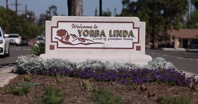 Yorba Linda, California, USA - March 14, 2026: A Welcome to Yorba Linda sign delineates the city boundary on a city street. 
