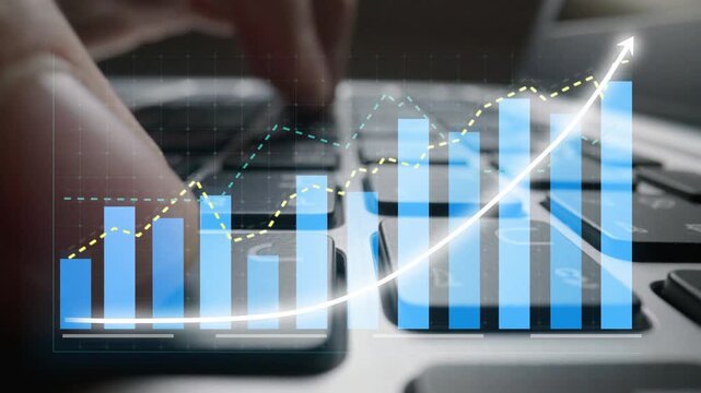 A close-up of a hand interacting with a keyboard, paired with graphical data visuals, illustrating financial analytics, data trends, and growth metrics for business. Copula