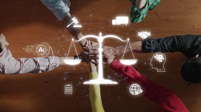 A modern legal concept emphasizing balance and collaboration, featuring hands reaching for innovative ideas while integrating technology and teamwork elements. Raster