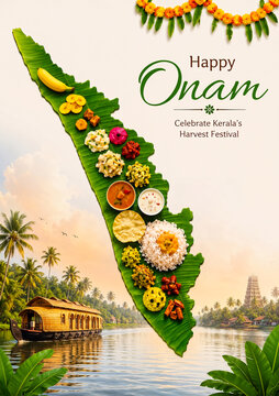 Happy Onam Kerala festival greeting poster featuring floral map and traditional festive celebration