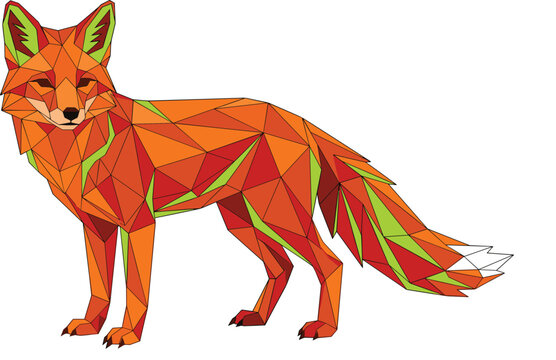 Geometric low poly red fox vector illustration with vibrant orange and neon green triangle mosaic pattern isolated on white background for modern design.