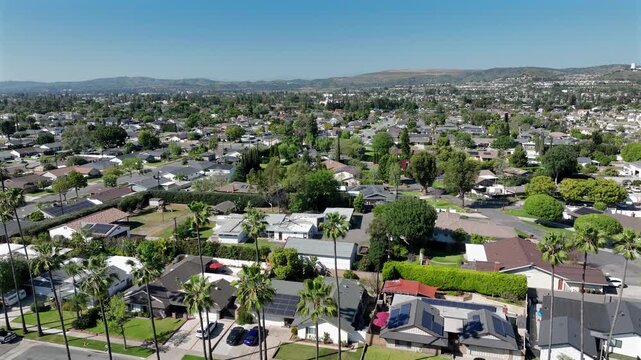 Aerial view of single family homes in a neighborhood of Yorba Linda, California, USA.