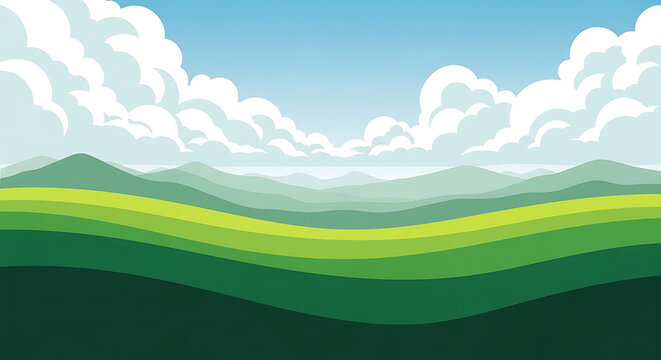 Vector style rolling green hills landscape with soft clouds in light blue sky landscape background illustration outdoors environmental
