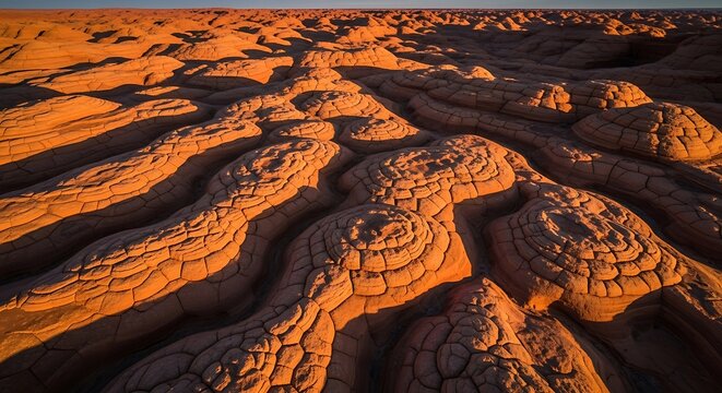 Aerial view of cracked desert earth at sunset. Dry arid landscape with textured rock formations.