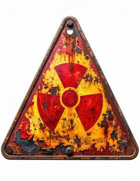 Aged, rusted radiation hazard sign, triangle symbol with yellow and red