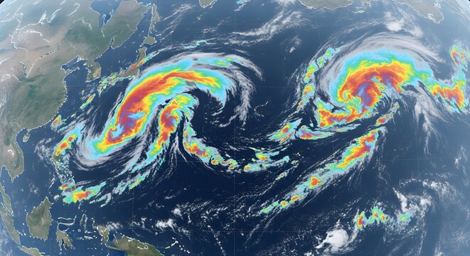 Satellite weather map showing severe tropical storms and typhoons over the Pacific Ocean