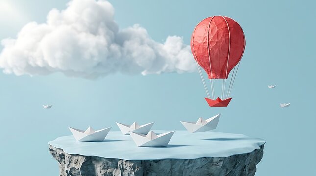 Red Hot Air Balloon Rising Above White Paper Boats on a Floating Island, Leadership Concept