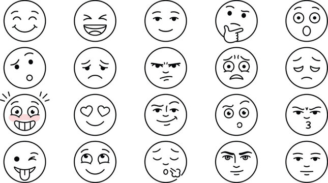 Emoji Facial Expression Outline Icons Collection with Emotional Face Symbols