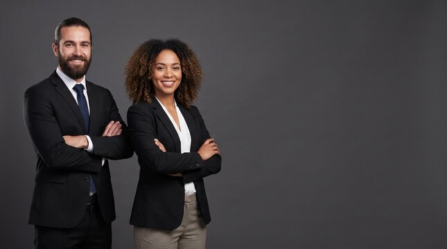 Professional duo exuding leadership and teamwork in sleek business attire against neutral background