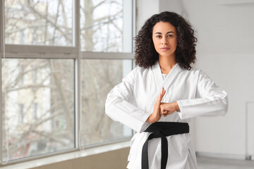 Young African-American woman practicing karate near window in dojo © Pixel-Shot