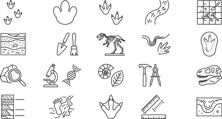 Dinosaur Archaeology and Paleontology Line Icon Set with Fossils and Excavation Tools © It's Marja