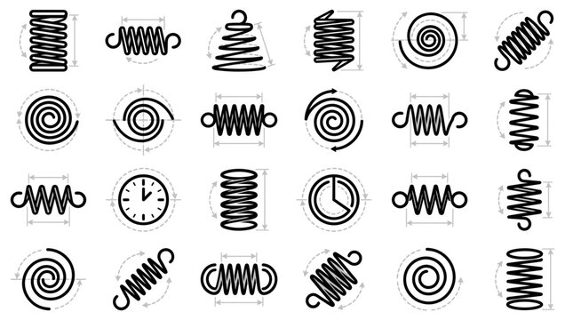 Set of various mechanical spring icons and spiral wire coil diagrams with technical measurement dimensions on white background, illustrating engineering design or manufacturing specifications