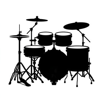 Black and white minimalist drum set illustration with music stand and cymbals isolated on plain background