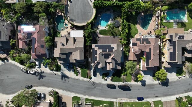 Aerial view of single family homes in a neighborhood of Yorba Linda, California, USA.