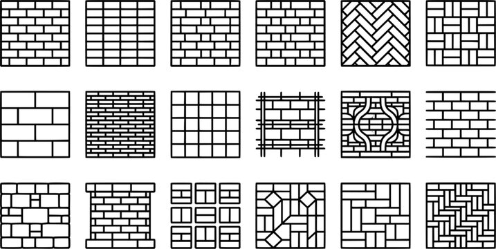Brick Wall Pattern Outline Icon Set with Masonry, Paving, Tile and Decorative Construction Layouts Isolated on White