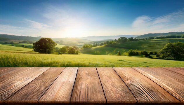 Wooden Table Top With Copy Space Countryside Background