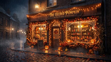 Fototapeta premium Shopfront decorated for Halloween features glowing jack-o'-lanterns and autumn foliage on a rainy cobblestone city street.