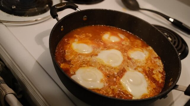 Po&ecirc;le contenant des poivrons, des &oelig;ufs et des oignons &eacute;minc&eacute;s, sur une cuisini&egrave;re. Pr&eacute;paration d'une chakchouka.