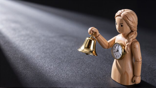 Wooden figure holds bell, clock strapped to her chest against dark background.