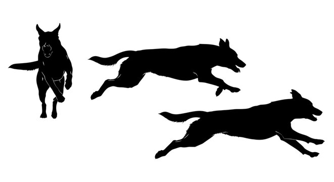 Three Black Dog Silhouettes Running Fast.