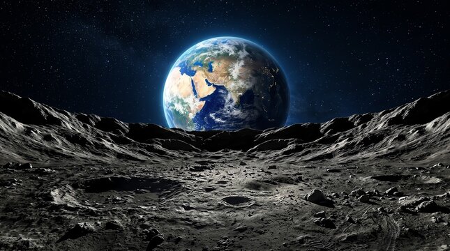 Earth from moon surface, blue planet glowing in dark starry space