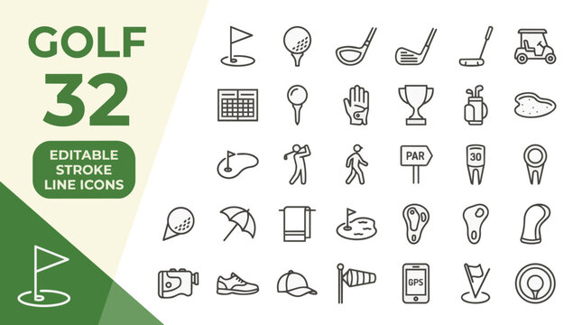 A set of 32 golf icons in editable stroke line style on white backgrou