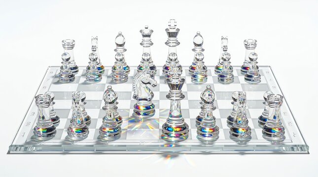Clear glass chess set reflecting colorful light on a white studio background, showcasing elegant pieces for a strategic board game.